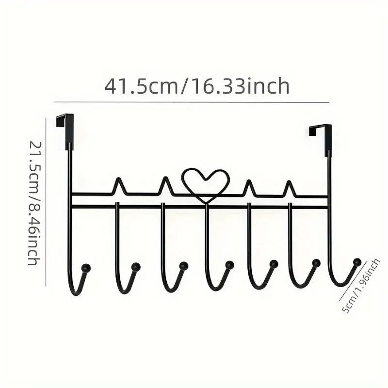 Heart Over-the-Door Hook Rack – Black Metal Hanger for Coats, Bags & Towels